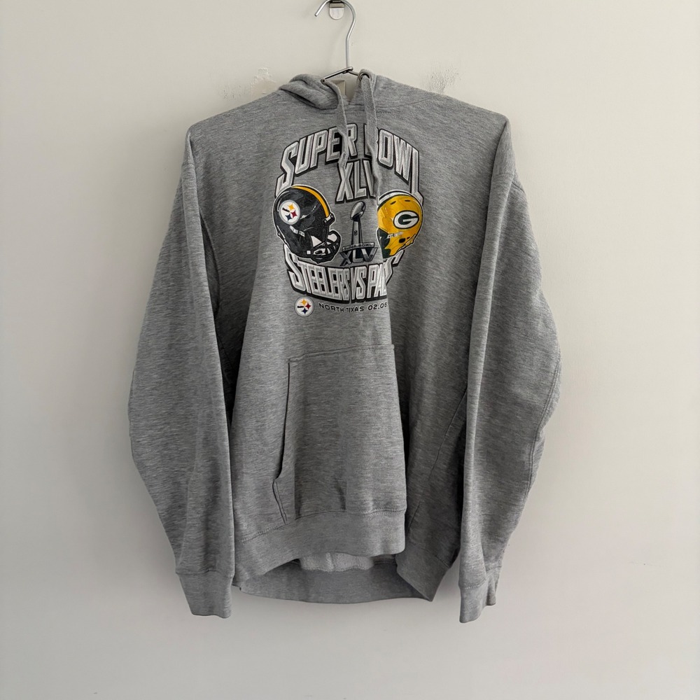 NFL Team Apparel Super Bowl XLV Steelers vs Packers Grey Hoodie Mens XL